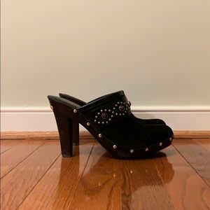 Michael Kors Black Suede Clogs with Gold Studs
